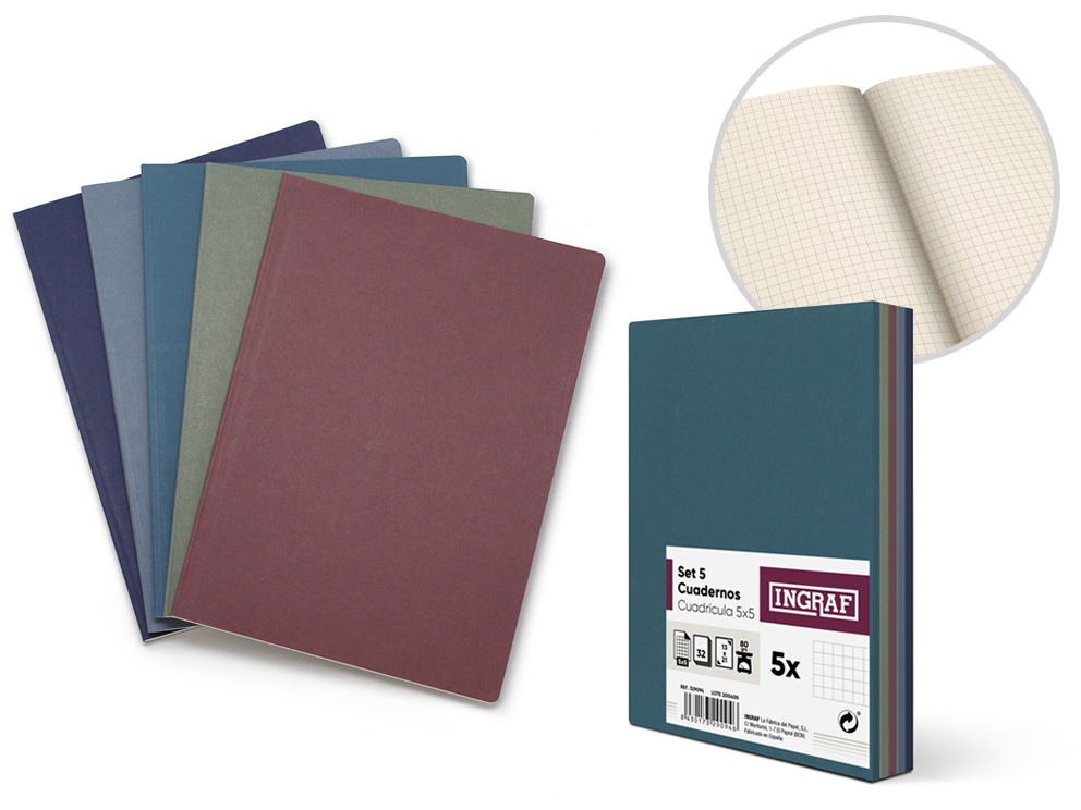 SETS 5 CUADERNOS KRAFT COLOR CUADRÍCULA 5 X 5