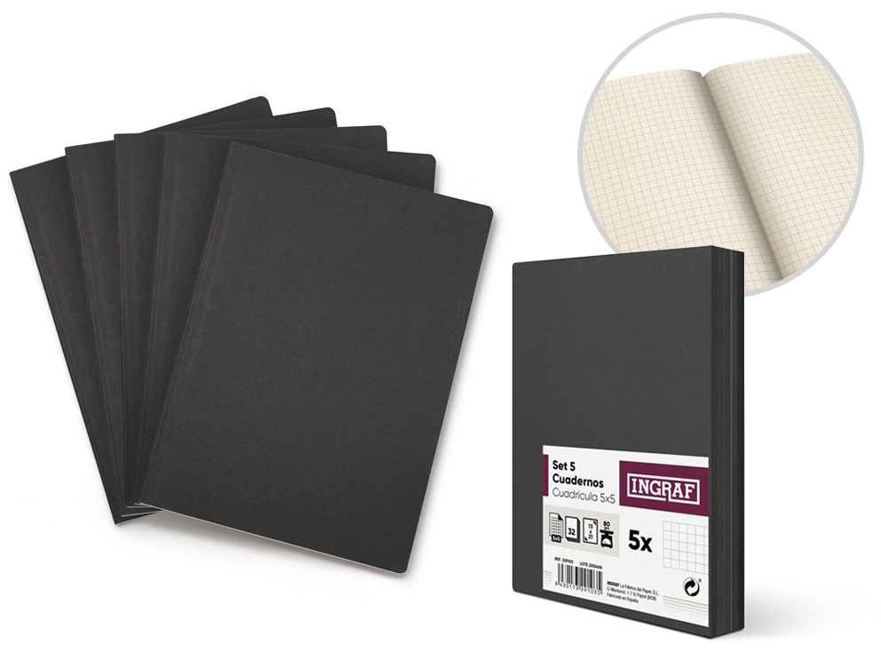 SETS 5 CUADERNOS BLACK KRAFT CUADRICULA 5 X 5