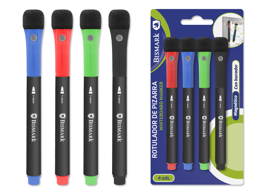 Rotulador Pizarra Imantado Con Borrador Pack 4 Uds