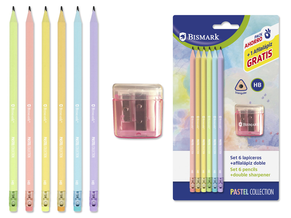 Set 6 Lapiceros Pastel C/ Goma + Afilalapiz Doble